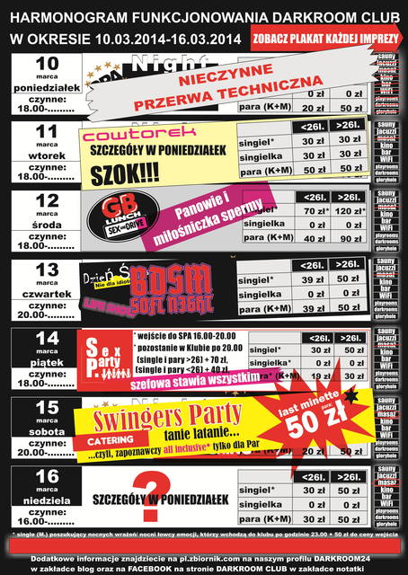 rozkład jazdy DARKROOM CLUB 10.03.2014 - 16.03.2014 - DARKROOM24