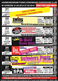 rozkład jazdy DARKROOM CLUB 21.04.2014 - 27.04.2014