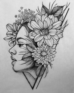 step-by-step-drawing-woman-surrounded-by-flowers-black-and-white
