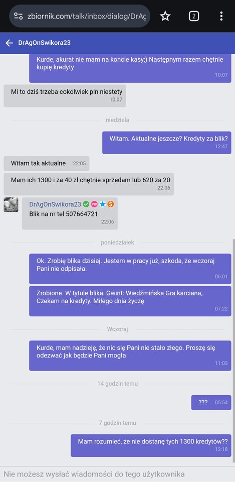 Oszustka kolejna - uważajcie ludzie. 40zł poszło psu w dupę; - sonOfWitchess